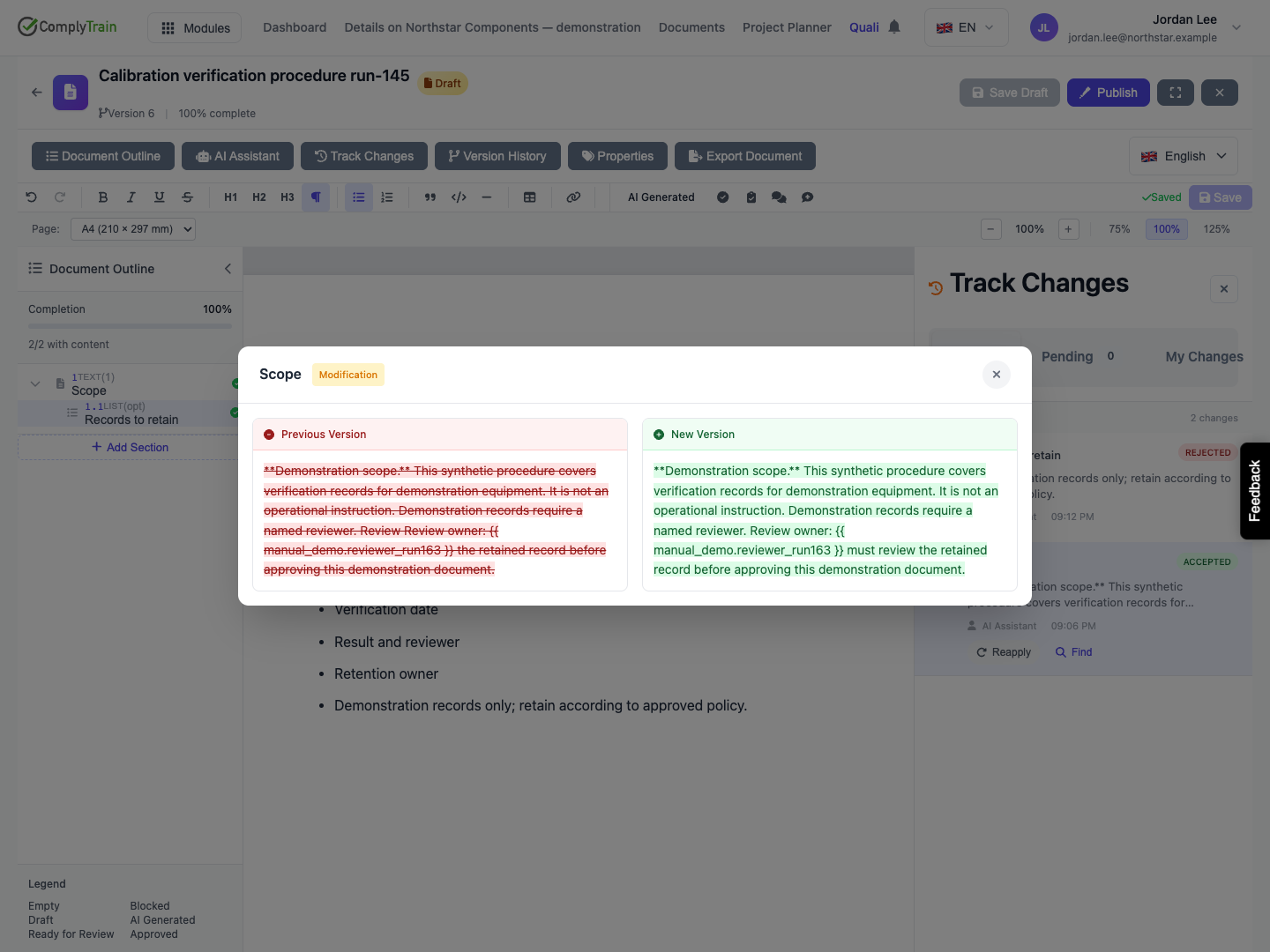 Previous Version and New Version remain readable in history, with no new decision buttons.