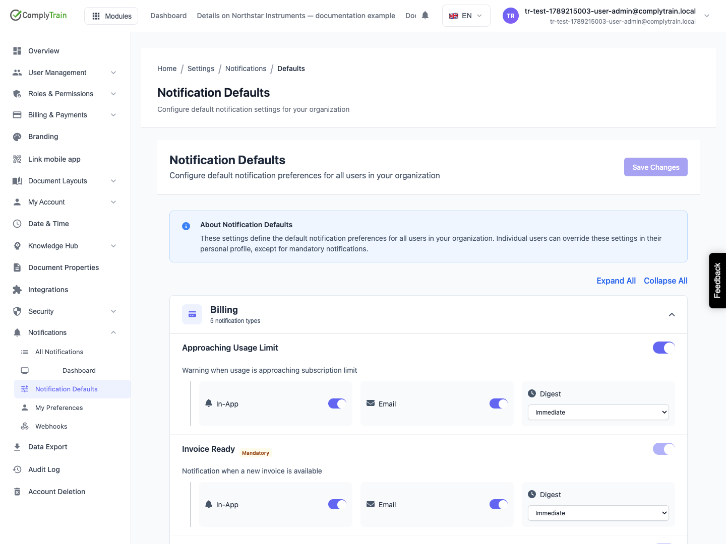 Read delivery defaults and mandatory types The page separates In-App, Email and digest timing; mandatory notification types are labelled.