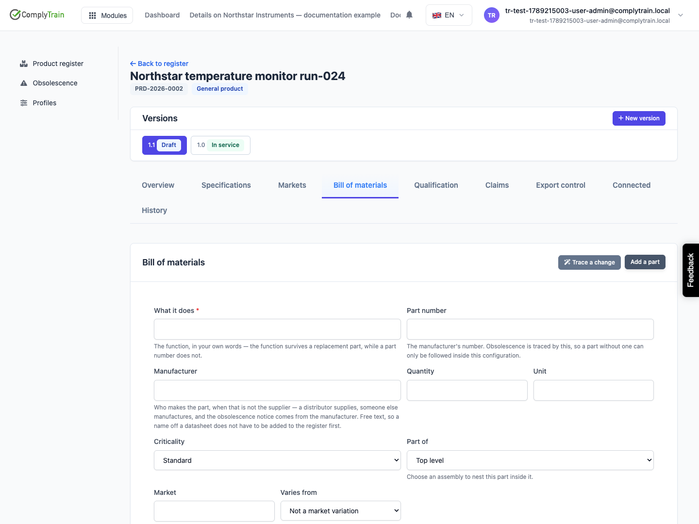 Add a part to the draft configuration Version 1.1 is selected. The form records function, manufacturer part number, quantity, criticality and hierarchy; no part has been saved.