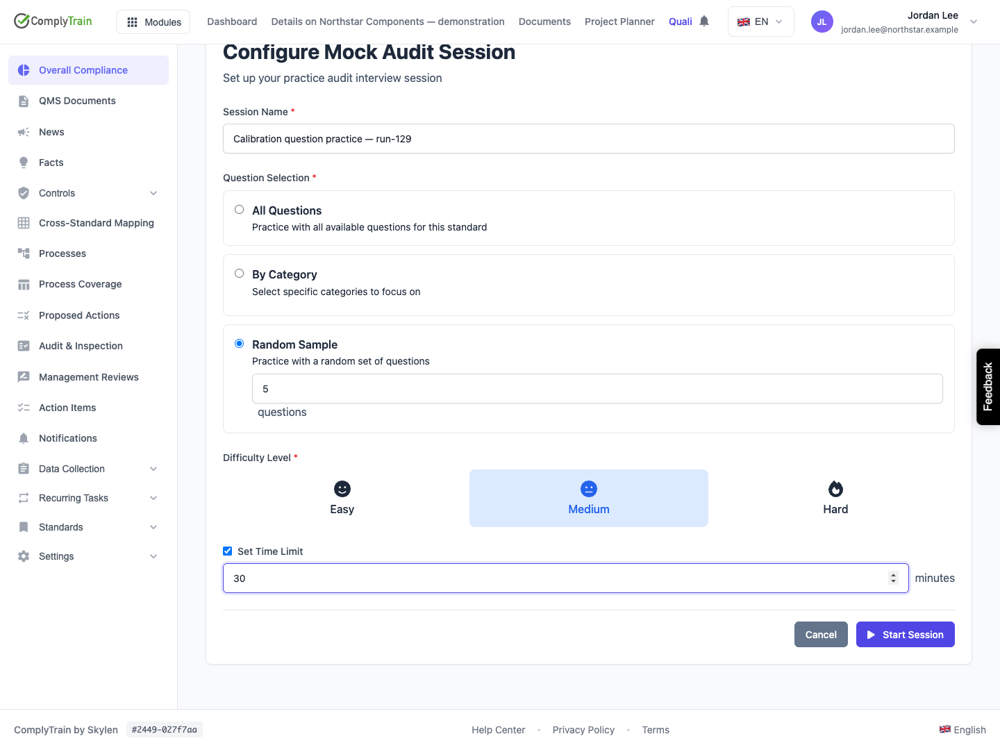 Compare requested settings with the saved record This form requests five random questions and 30 minutes. The released save operation retains ten questions instead.