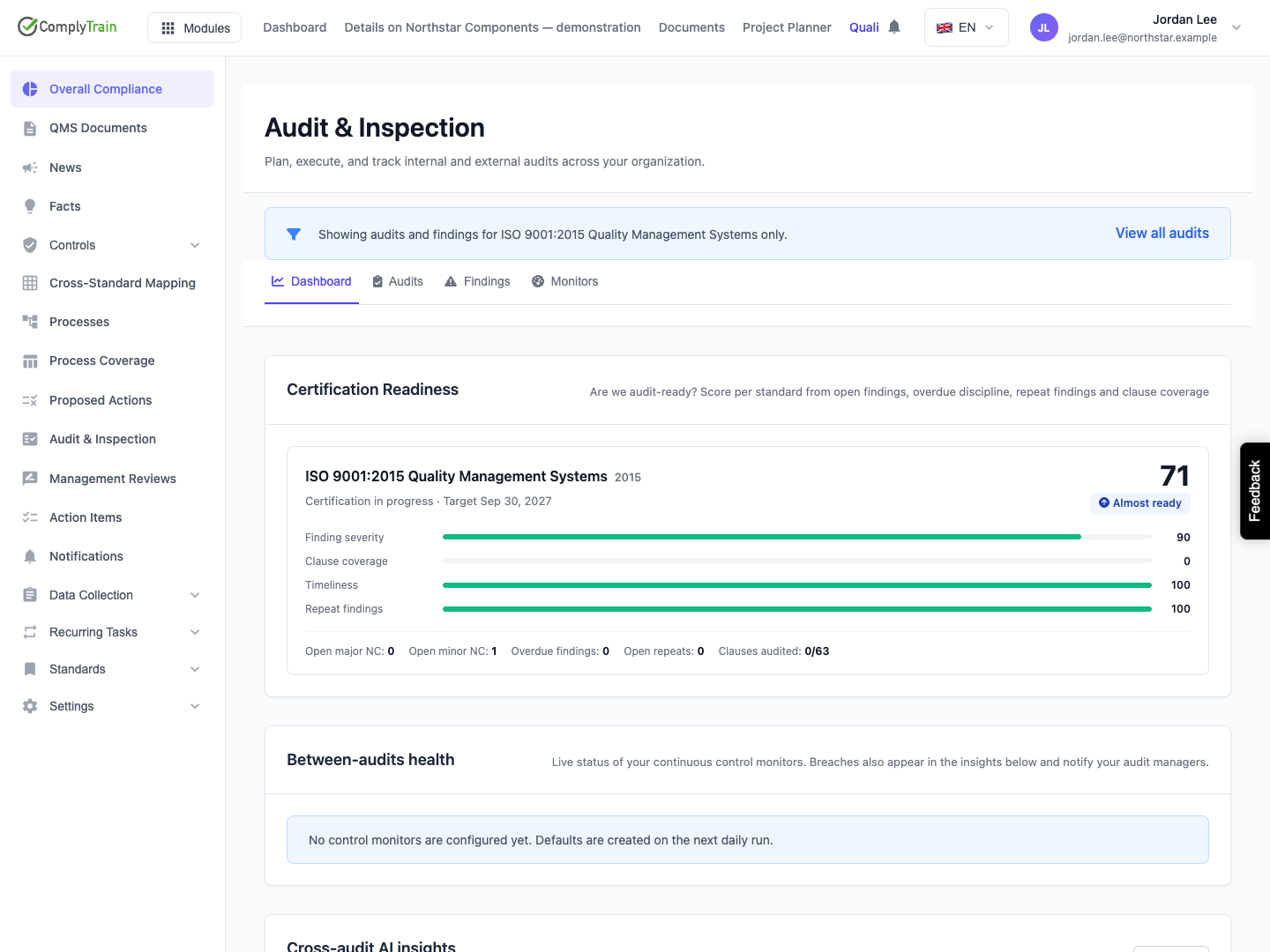 Confirm the selected standard in the scope banner The ISO 9001 workspace hides tenant KPI cards and shows its own readiness and monitor scope. View all audits returns to the full workspace.