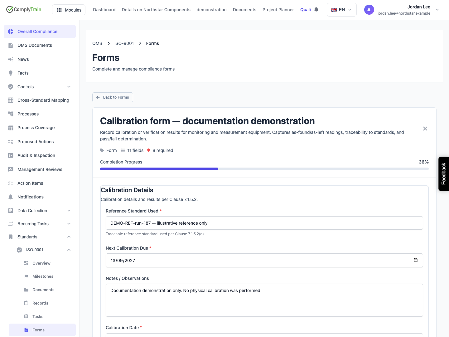 Recover values after a browser reload The form reopens with illustrative calibration details restored in the browser. Save Draft stores the response for later continuation in ComplyTrain.