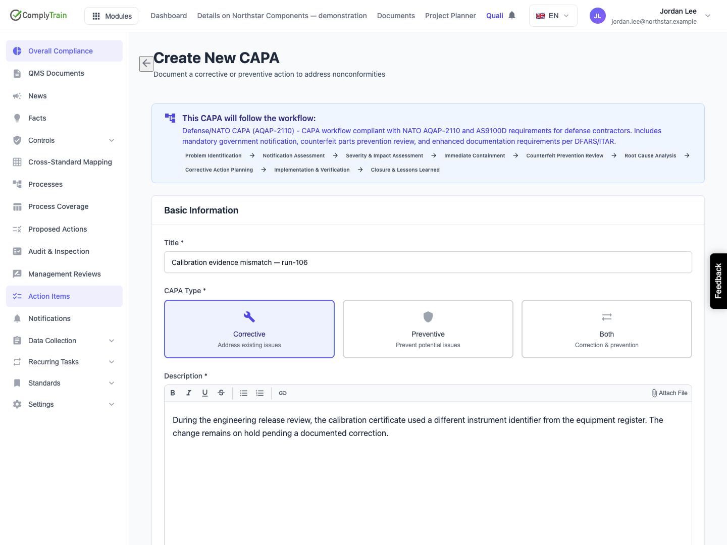 Identify the issue before creation The configured workflow and corrective type are visible. This synthetic example records an identifier mismatch; the workflow banner does not establish compliance.