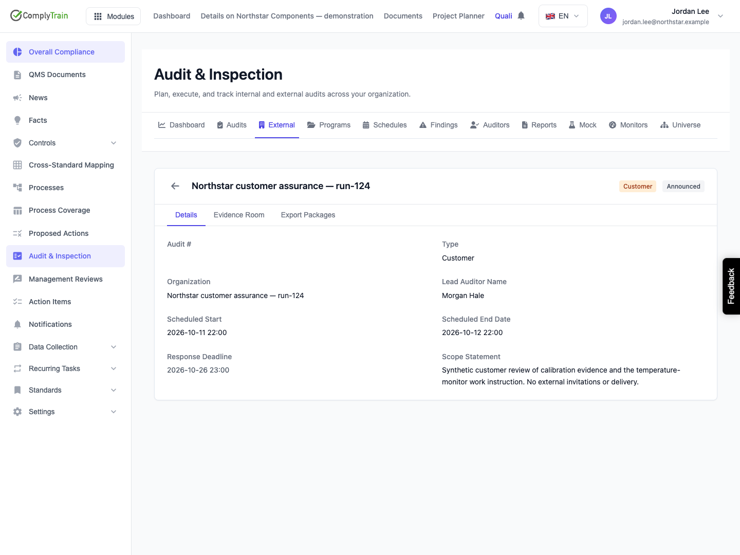 Review the saved record and returned dates The record is Announced with a blank audit number. Its detail renders the date-only entries as previous-day UTC timestamps; resolve that date interpretation before using it for an actual visit.