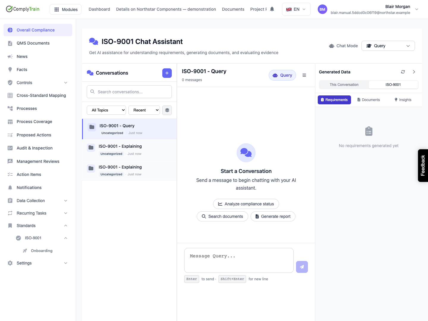 Keep separate questions in separate conversations The Query conversation has its own message area while the earlier Explaining conversations remain available.