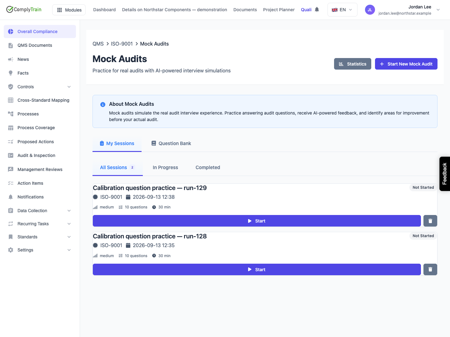 Check the retained session after reloading The new card remains Not Started with ten questions and a 30-minute limit. The prior capture attempt is also retained as synthetic review evidence.