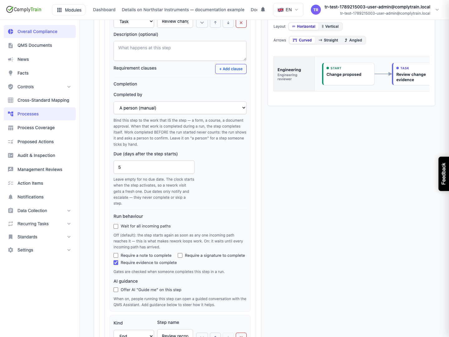 Require evidence for a manual review step The task requires evidence and sets a five-day due target. Completion remains manual and the process is still a draft.