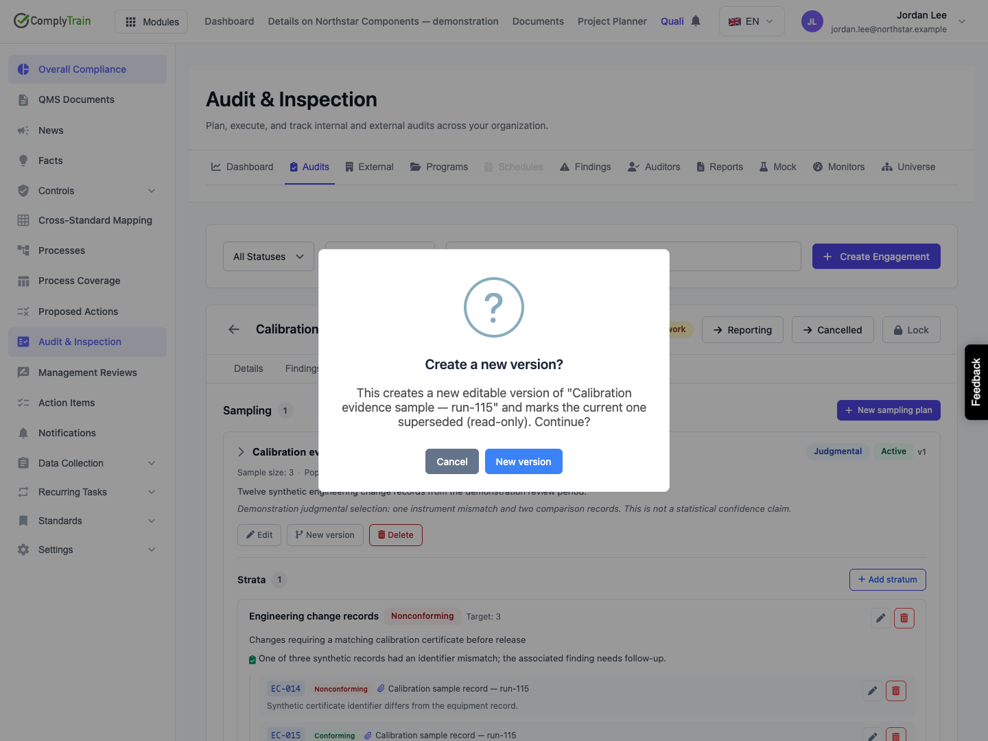 Review the versioning decision The confirmation explains that the current plan becomes Superseded and a new editable version is created.