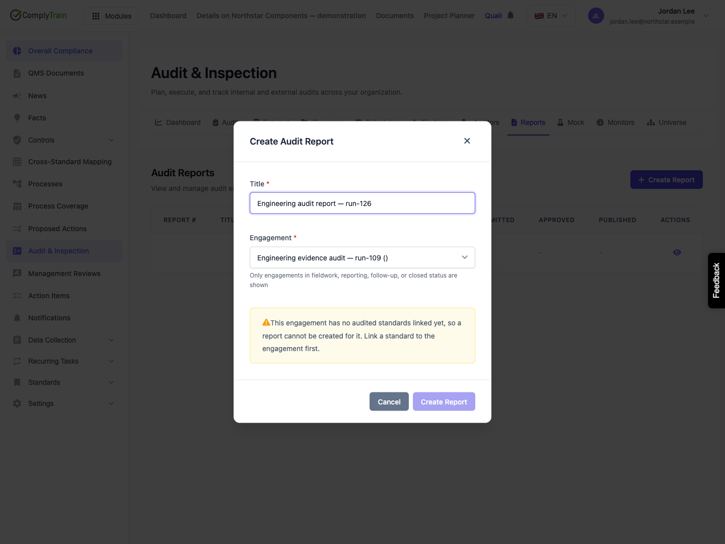 Recognise a missing audited standard The selected organisation-wide engagement has no audited standard. Create Report stays disabled and the warning explains the required scope.