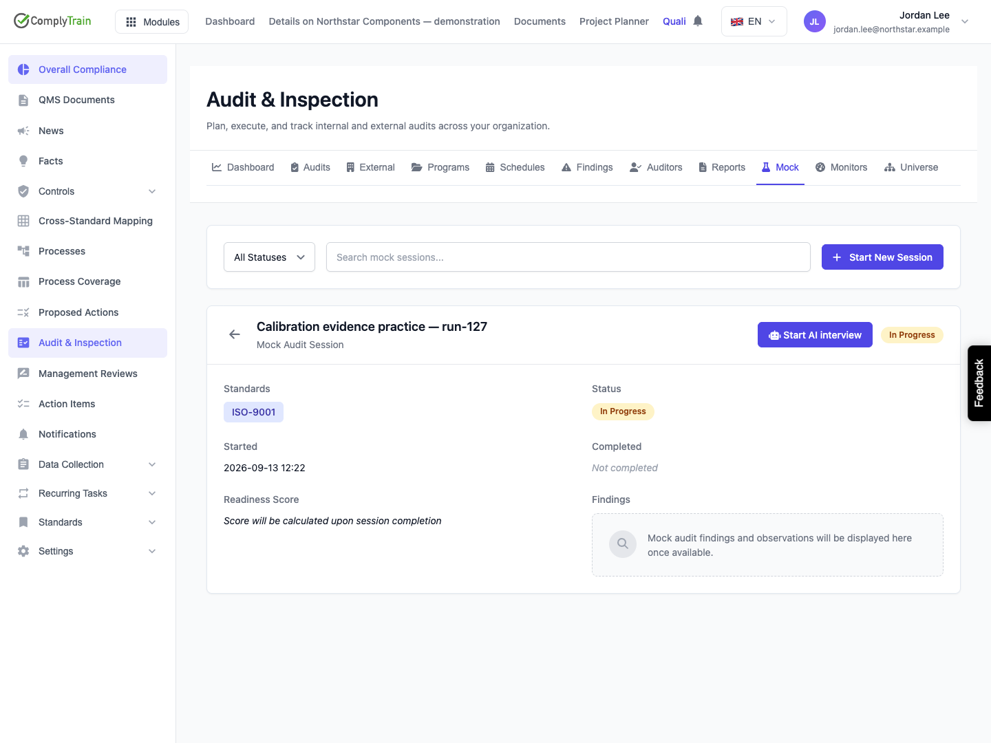 Inspect the saved practice session The session is In Progress, with its retained title and standard label. No interview, findings or completed score have yet been demonstrated.