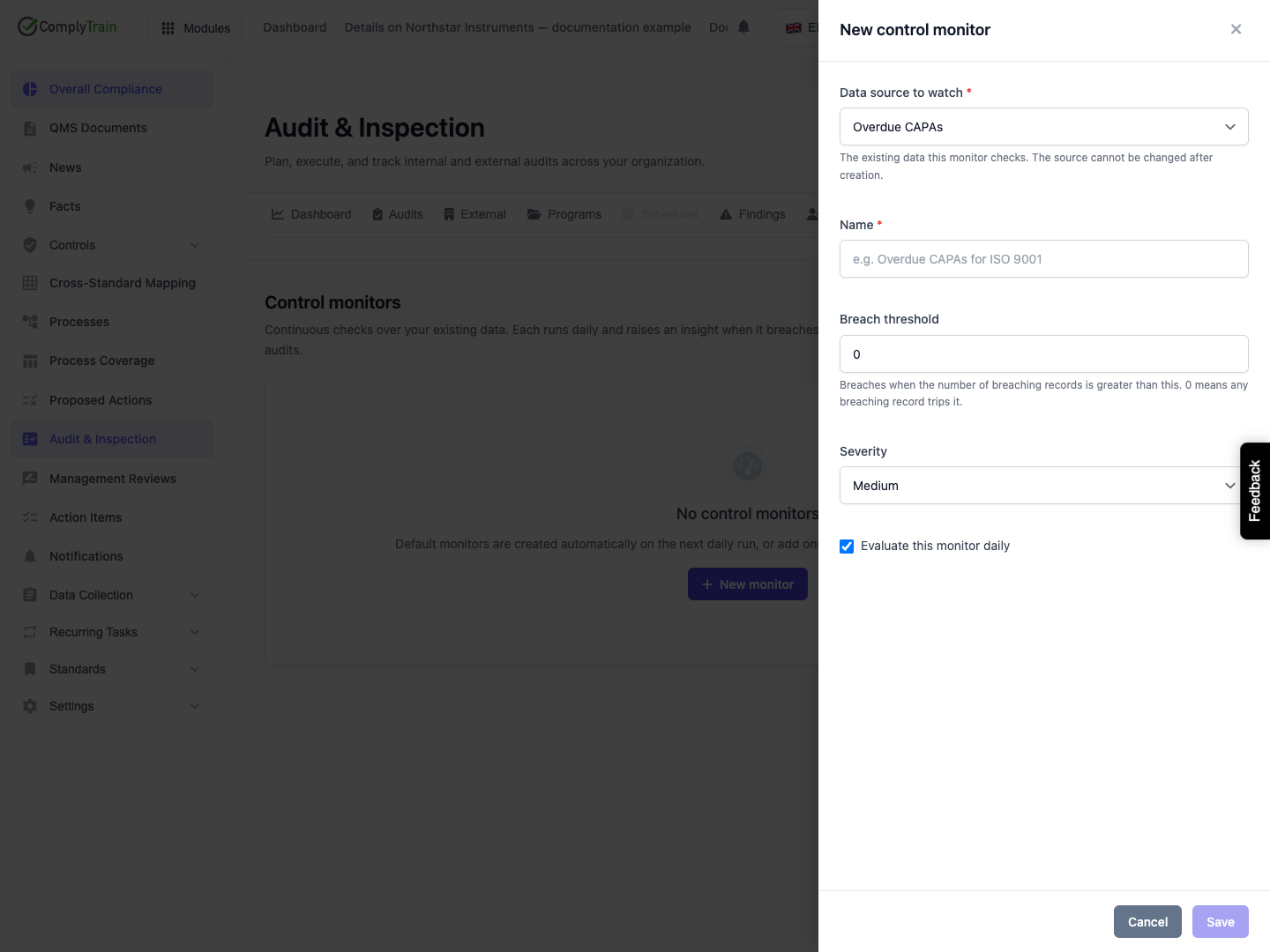 Choose the source and breach threshold The form watches existing records, sets the threshold and severity, and offers daily evaluation. No monitor has been saved or run here.