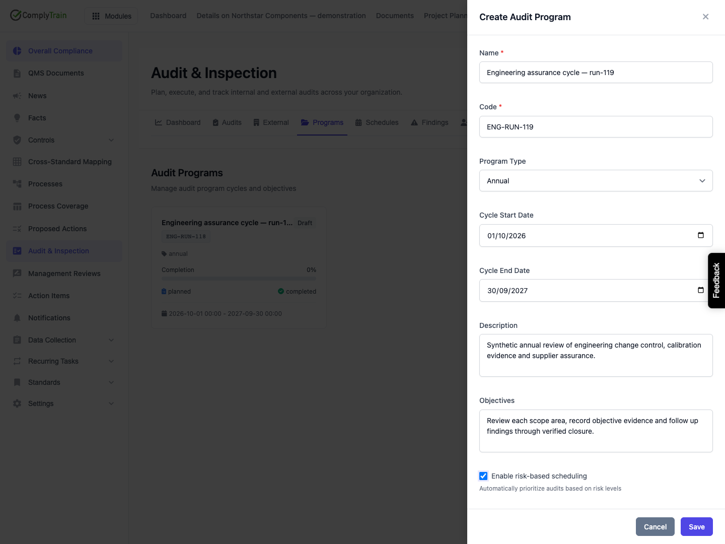 Review the complete programme before saving The form records an annual cycle, description, objectives and a selected risk-based preference. That preference has not generated an audit schedule.