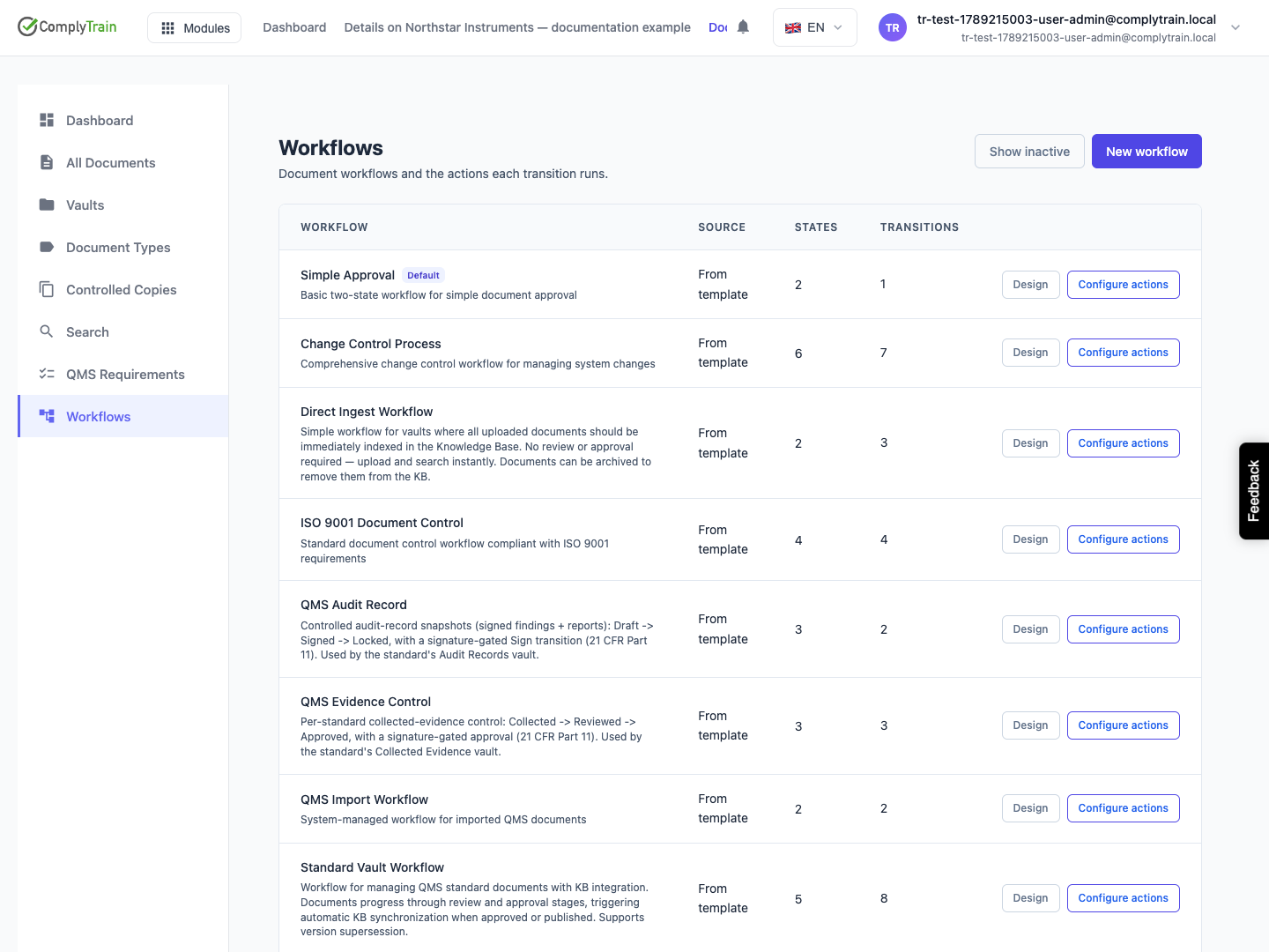 Distinguish workflow design and actions The catalogue shows the number of states and transitions. Design and Configure actions open different parts of the workflow configuration.