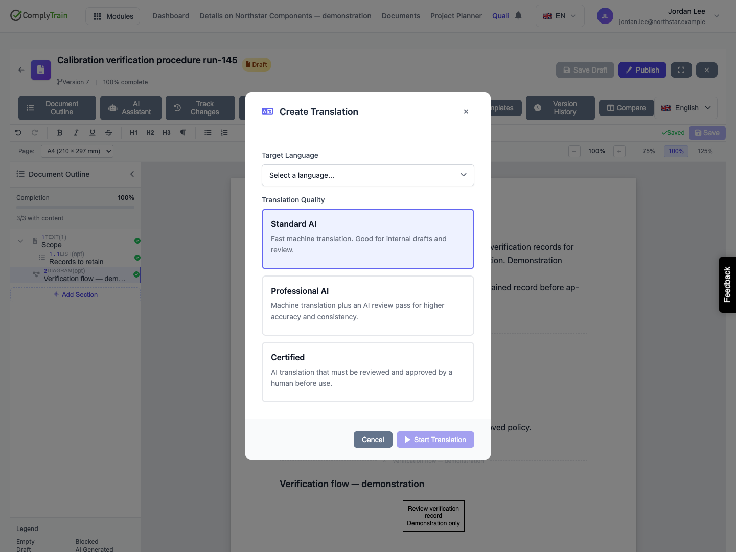 Choose a target language and translation tier Standard AI is selected by default. Professional AI and Certified are separate options; no target is selected yet.