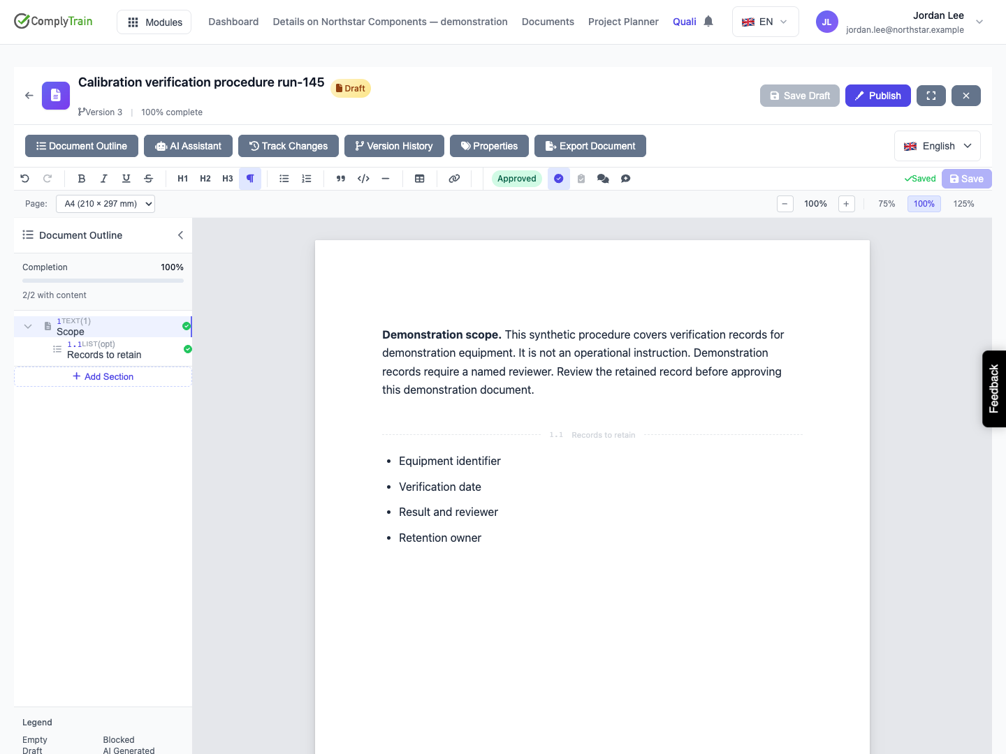 Section approval is saved The section toolbar shows Approved. Its state survives reload while the document remains Draft.