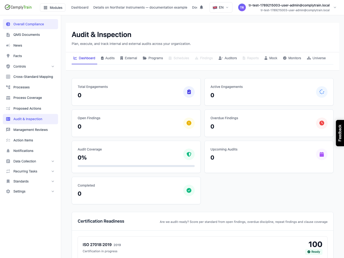 Read readiness alongside the underlying counts The initial dashboard has no engagements or findings. Its displayed readiness score is not evidence that an audit has been performed or that certification has been obtained.