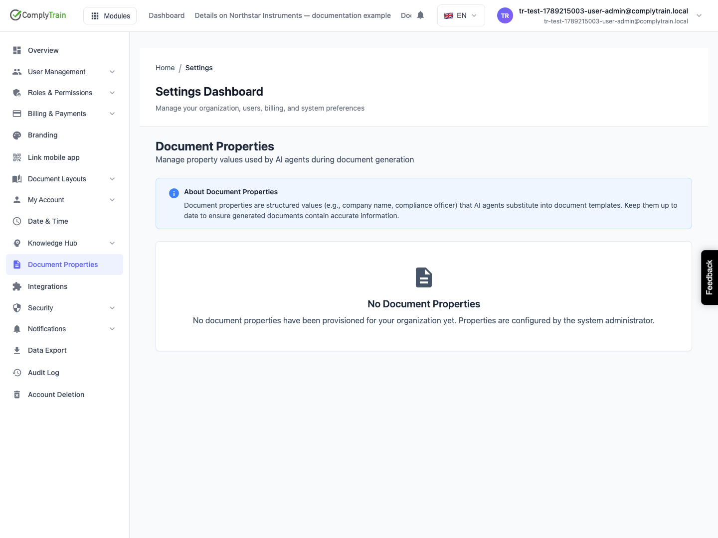 Recognise a provisioning prerequisite The organisation has no document properties yet. The page explains why no editable values appear.
