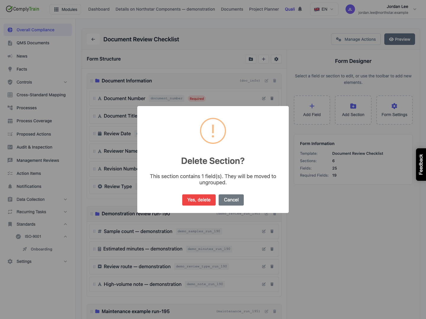 Section deletion preserves its questions The confirmation says that the remaining question will move to ungrouped. The example removes only a temporary demonstration section.
