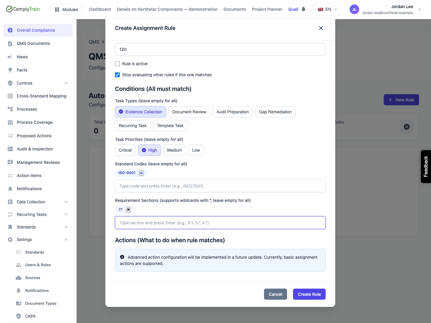Inspect the complete Actions area The lower form shows an informational notice with no user, role or distribution selector. The saved rule therefore remains incomplete for automatic assignment.