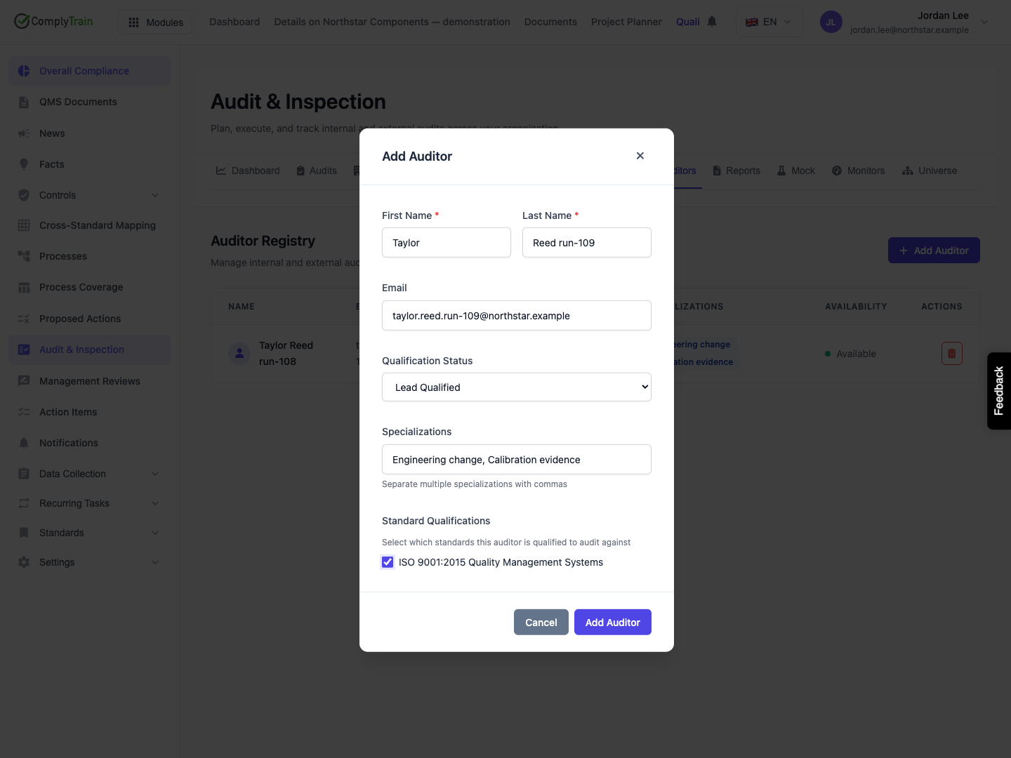 Record auditor qualifications The form records the stated qualification, specialisations and standard scope. It does not create or link a login account.