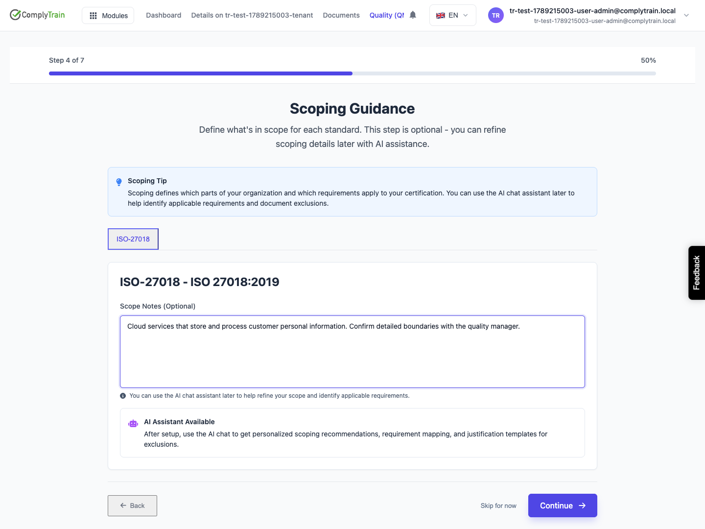 Describe the initial operating boundary The example notes describe cloud services handling customer personal information. Detailed scoping follows per standard.