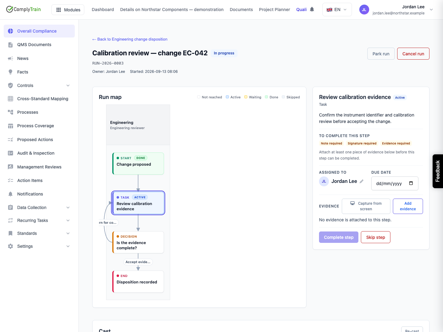 Read the active review and its gates The panel names the assignee and requires evidence, a note and a signature. Its due-date control is blank in this example.