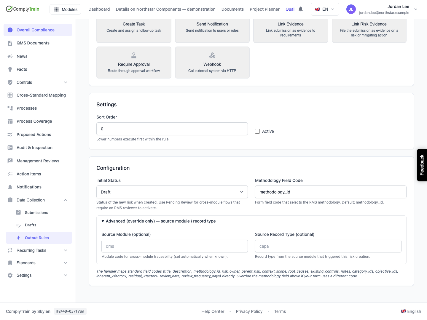 Advanced reveals Source Module and Source Record Type. The qms and capa text is placeholder guidance; both actual inputs are blank in this unsaved example.