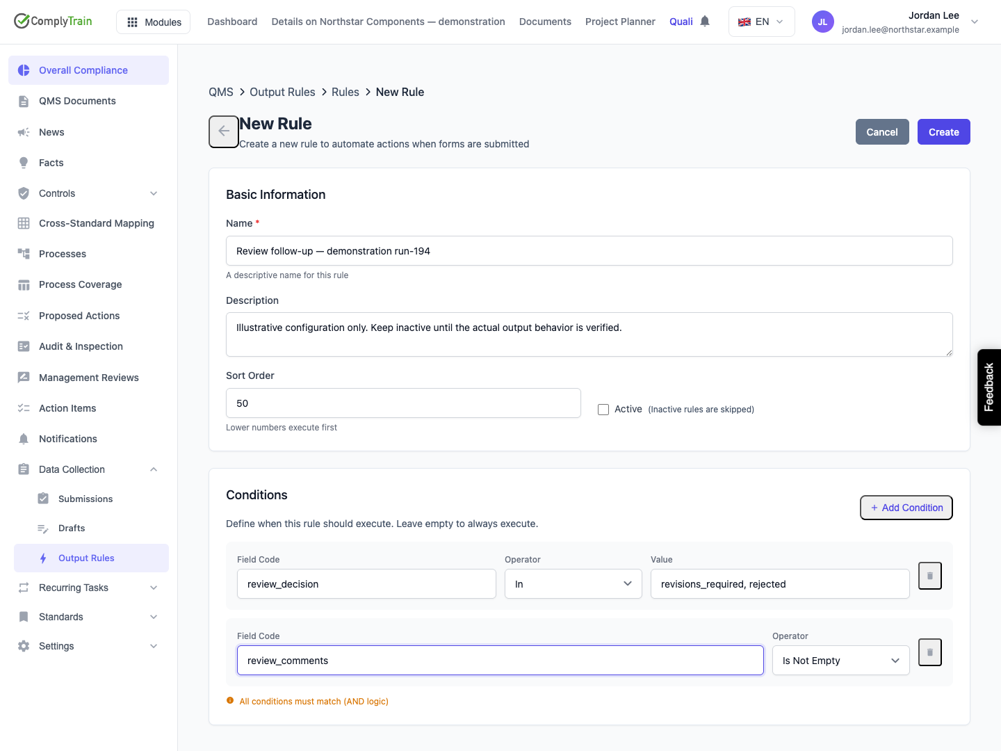 Combine two conditions with AND The saved choice must be revisions_required or rejected, and review_comments must be nonempty. The In input uses comma-separated stored values.