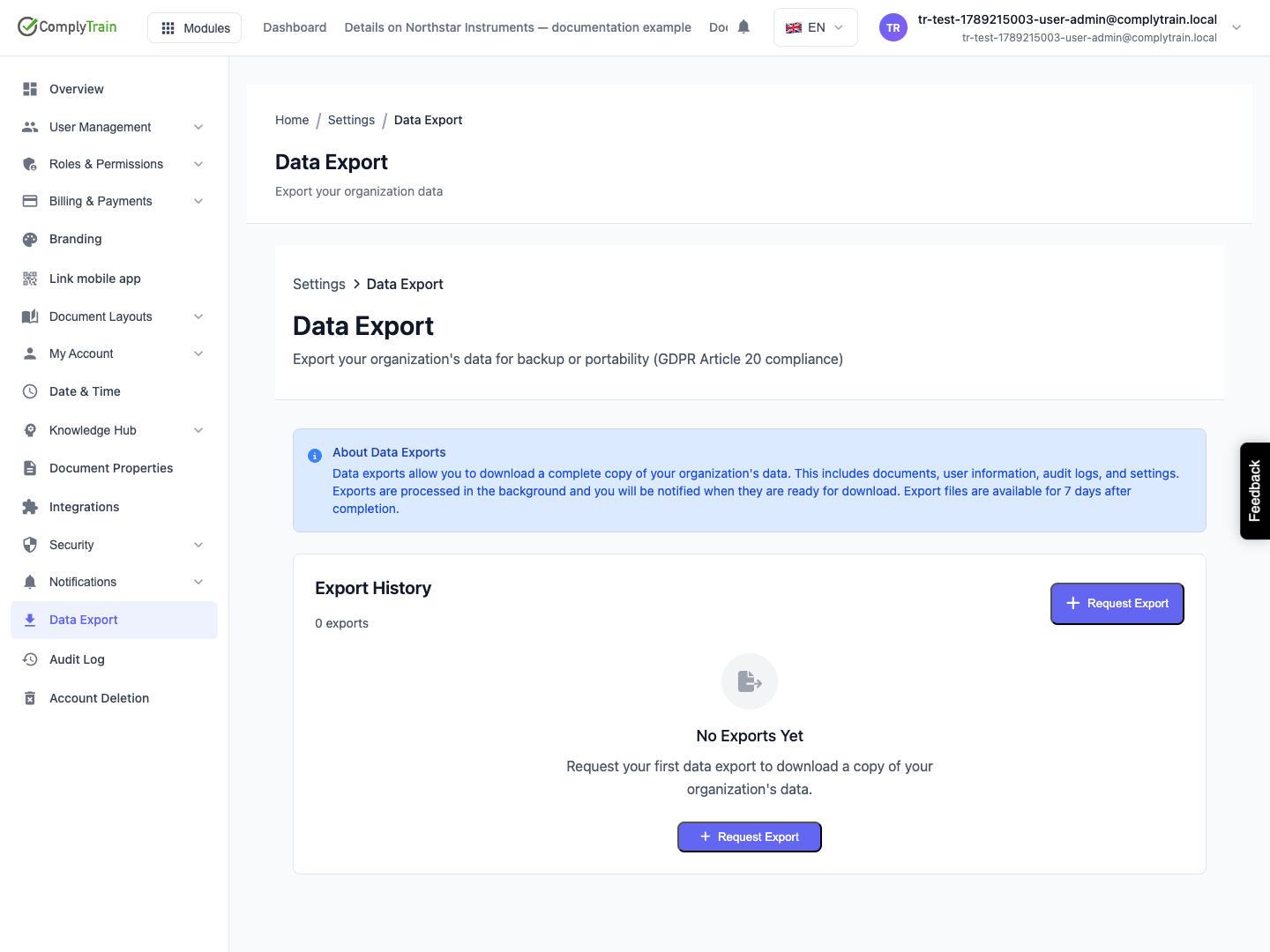 Inspect export availability and history No export has been requested in this example. The page explains preparation and download availability.