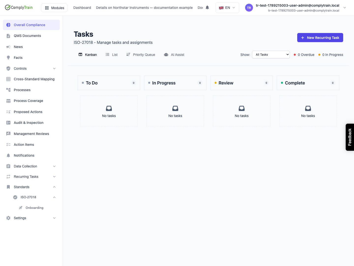 Choose the task view and status The board separates To Do, In Progress, Review and Complete; List and Priority Queue offer other ways to find work.