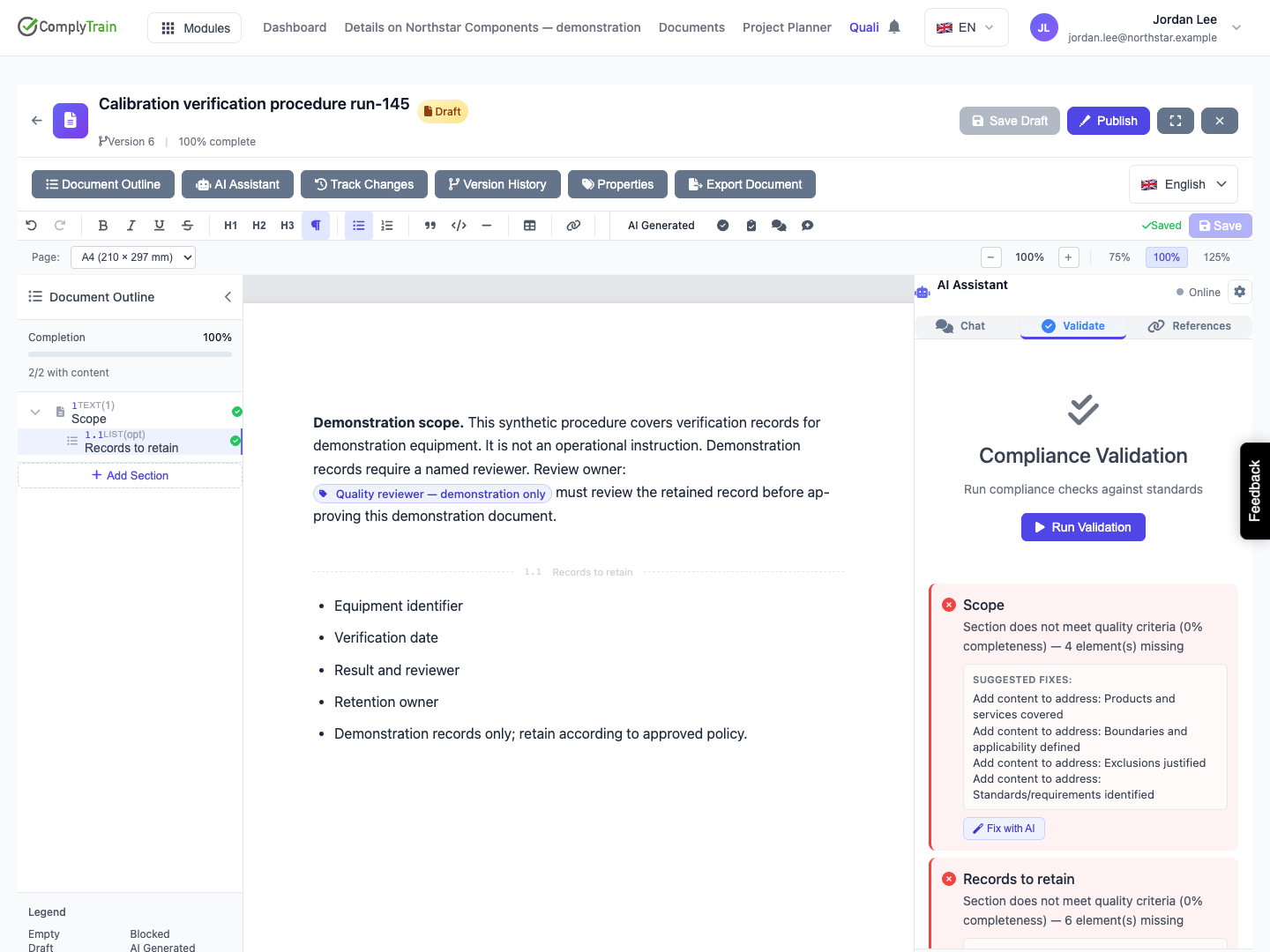 Scope quality findings identify four missing elements The header reports 100% content completion while the Scope quality check fails at 0%; these are separate measures.