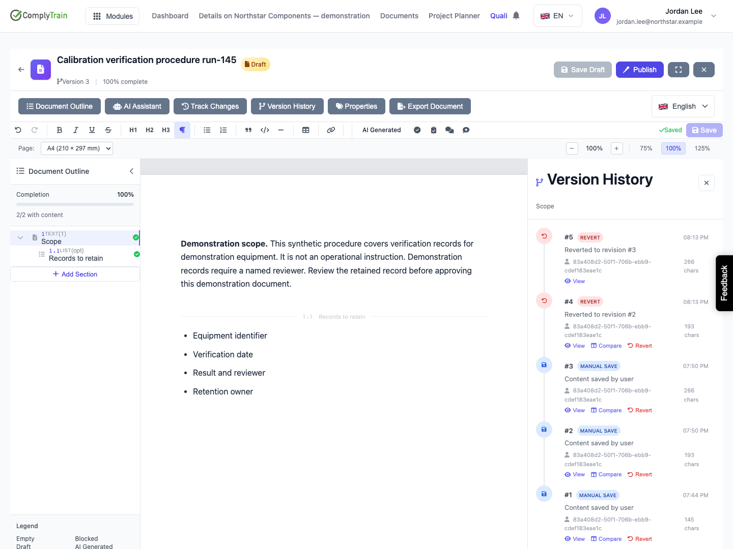 Newer text recovered with both restorations retained Current content matches the initial newer wording. Five snapshots remain and existing comments are unchanged.