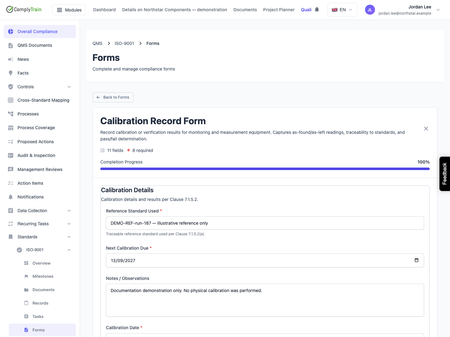 All ordinary fields are filled before submission The completed example shows its form identity, entered reference and due date, and completion progress before submission.