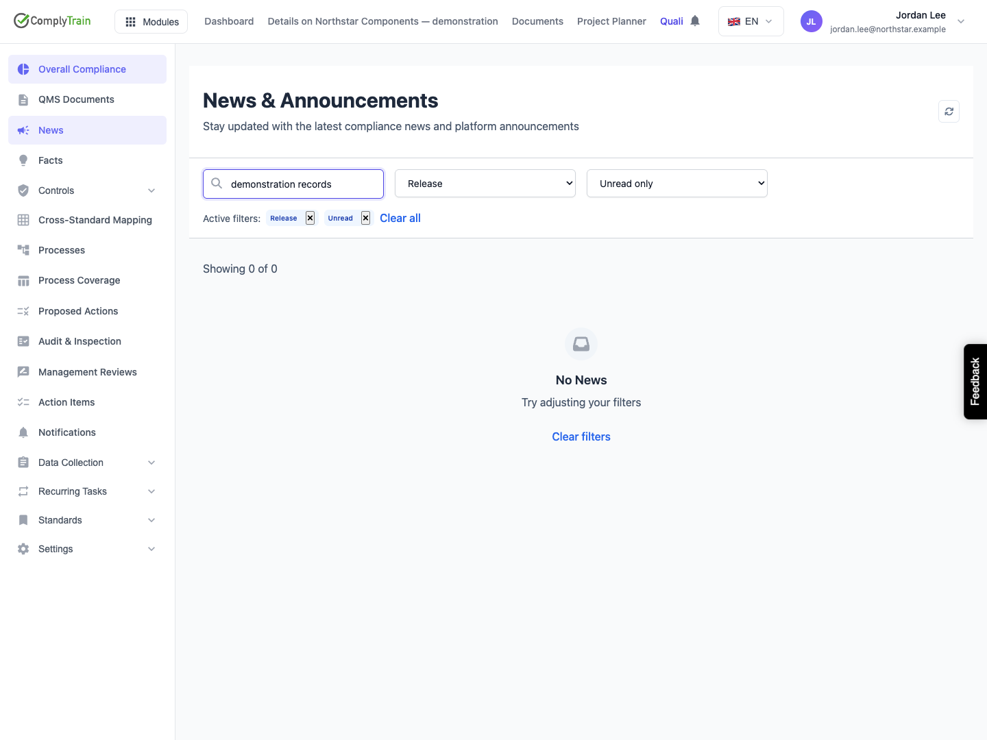 Inspect the selected category and read state Release, Unread only and a demonstration search phrase show where to choose and clear the active filters.