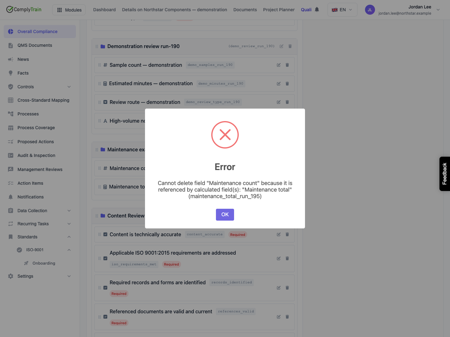 Resolve the calculation dependency The server refuses deletion because Maintenance total references this field. The original field remains; review the named calculation before changing anything.