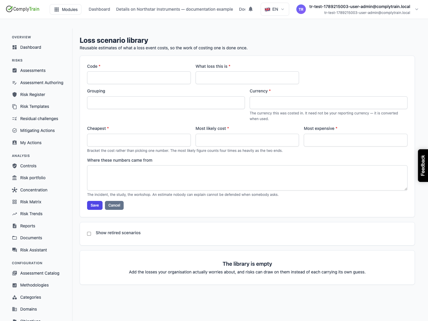 Record a code, event, currency, three cost estimates and their basis before saving.