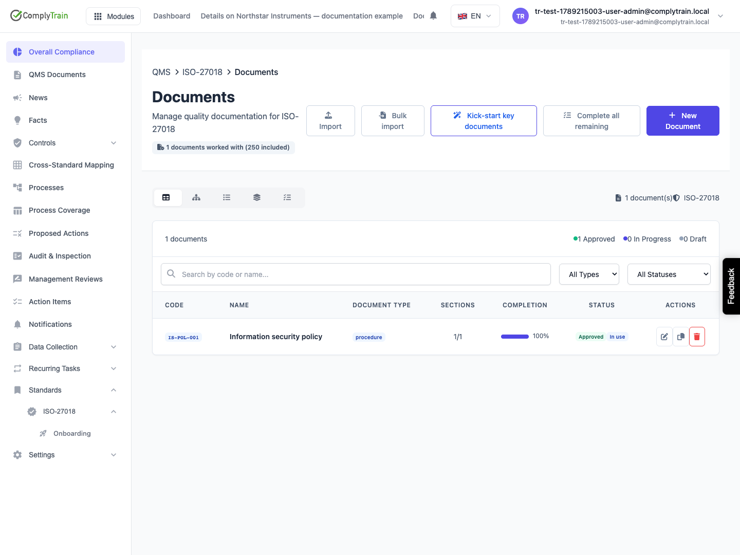 Check the document identity and state The example policy is Approved and In use. Its document code, type, section count and status help distinguish it from a draft or later revision.
