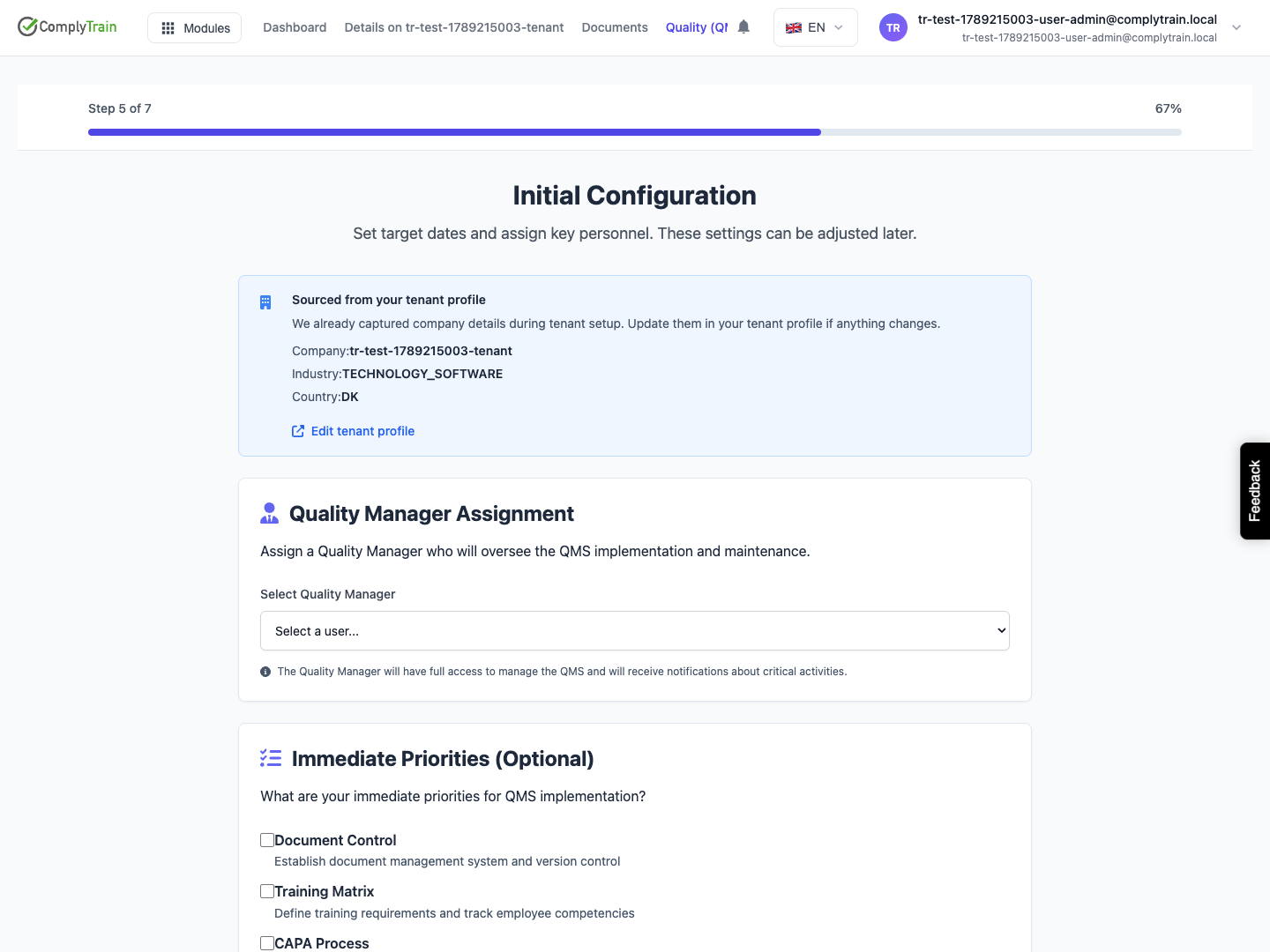Check company context and responsibility Initial configuration displays company information and the Quality Manager control, followed by priorities.