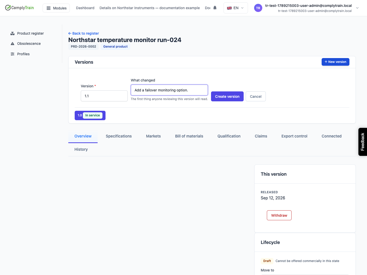 Describe the next configuration Version 1.1 records a failover-monitoring change while the earlier version remains available.