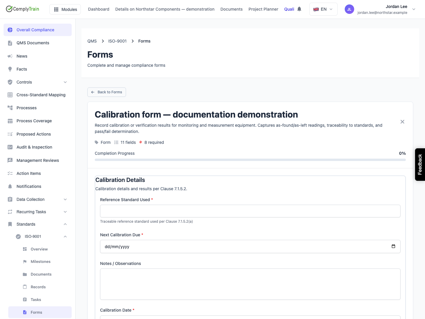 Start with the real form definition The calibration example opens with eleven questions, eight required answers and the first section ready to complete.