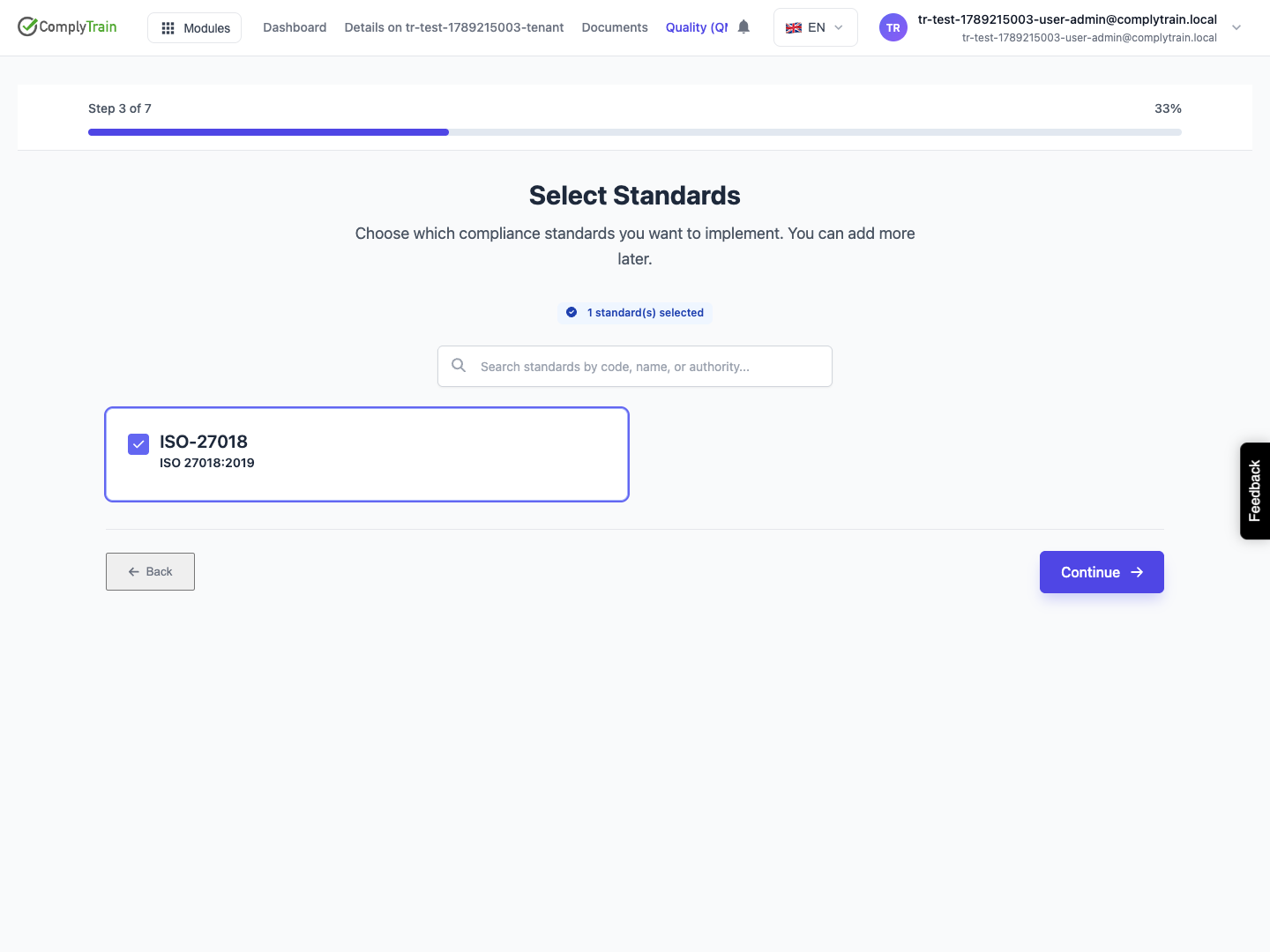 Select the standards to implement The rerun displays the existing ISO-27018 selection alongside the standard search.