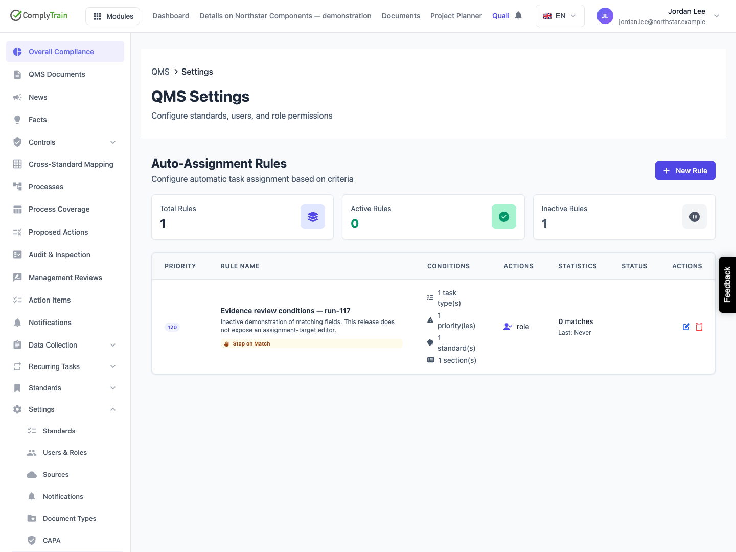 Check configuration without claiming automation The counters show zero active rules and one inactive rule. The row has condition counts, a role-type summary and zero matches; no target role has been selected.