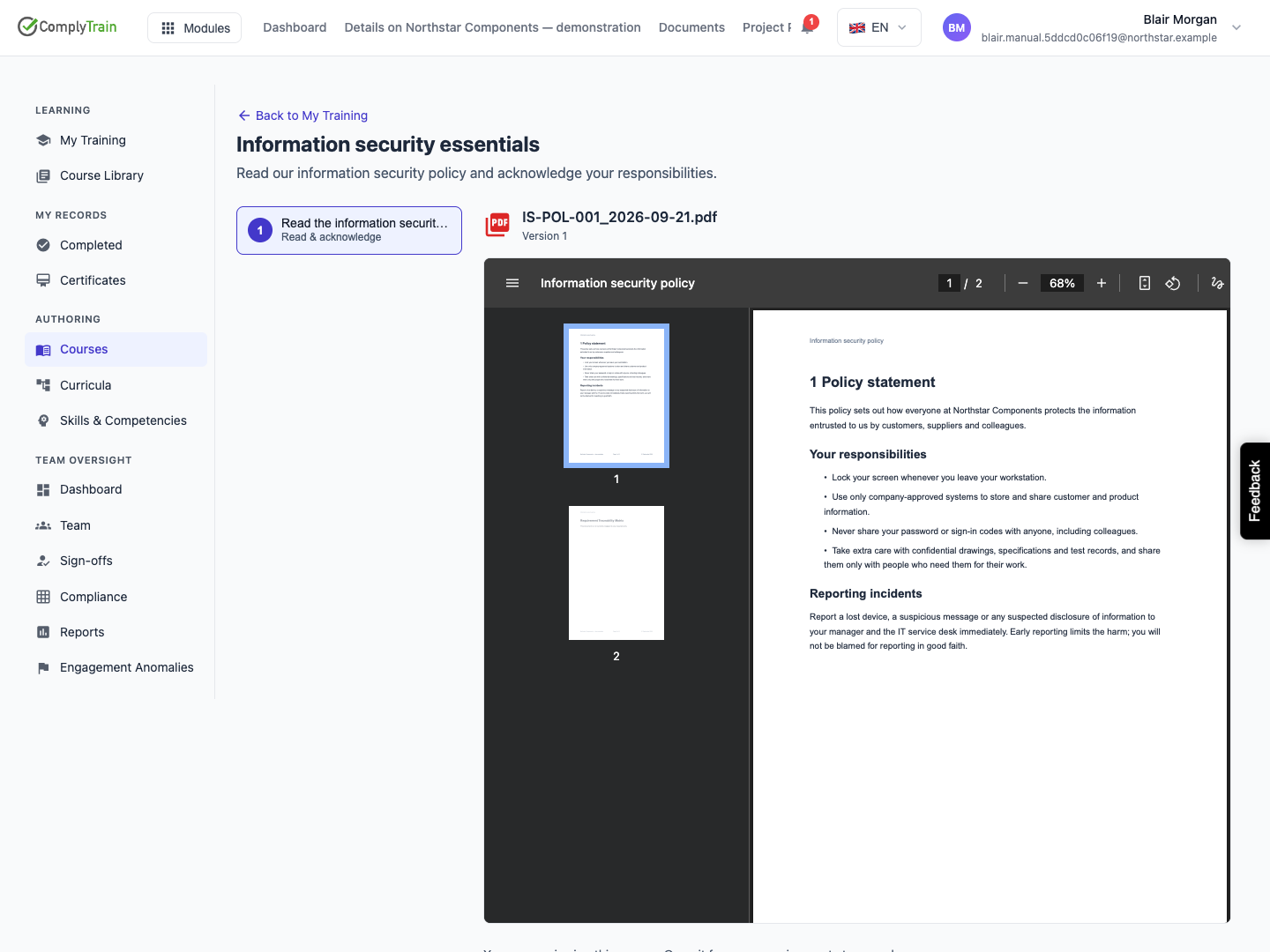 The learner preview The example course displays its required policy in the document reader.