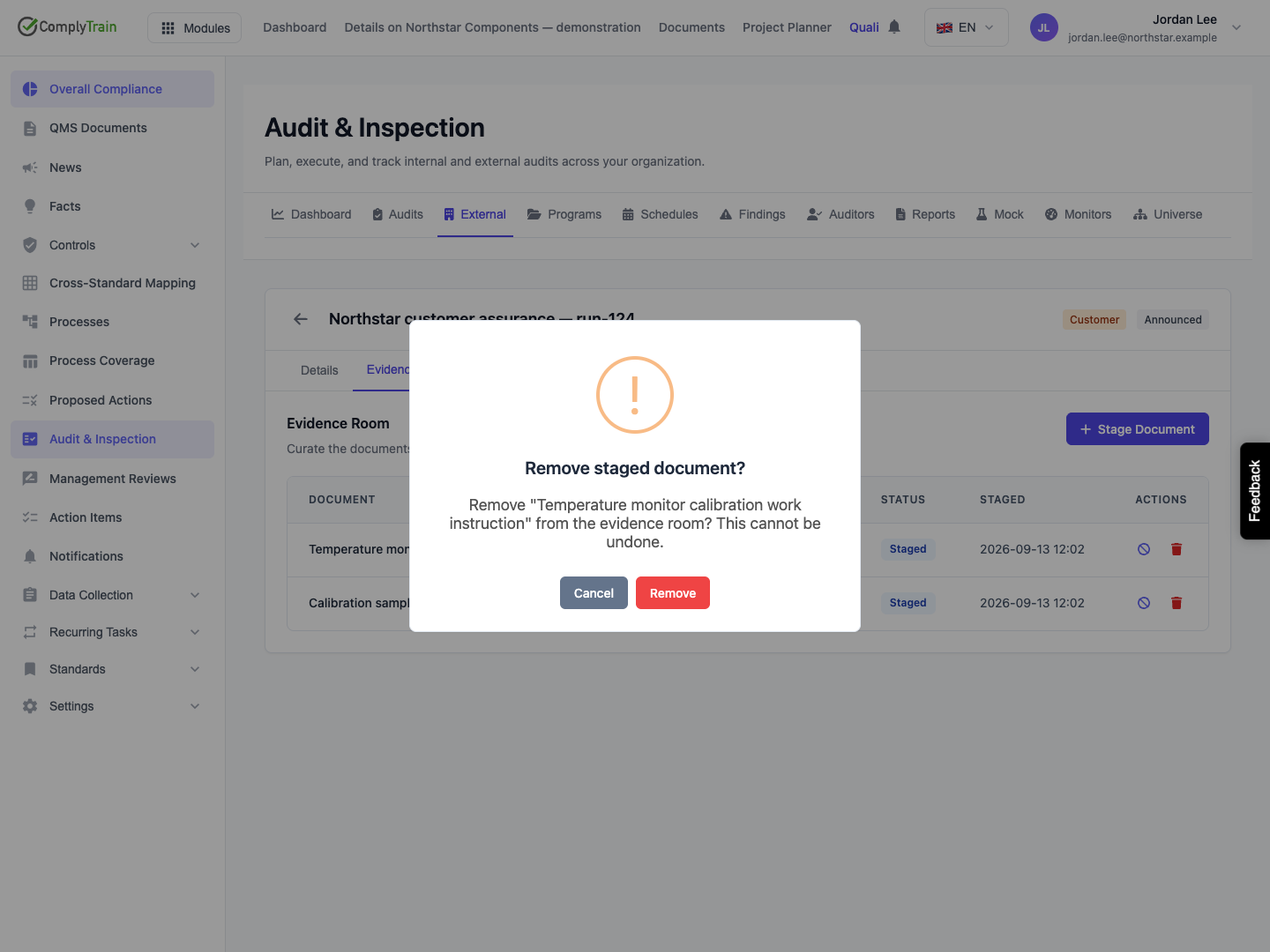 Review the entry before removal The confirmation names the work instruction. The walkthrough cancels removal and retains both staged sources.