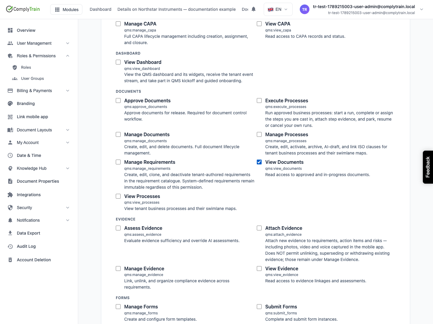 Save a narrowly scoped permission View Documents is checked after saving and reloading. The role has not been assigned to users.