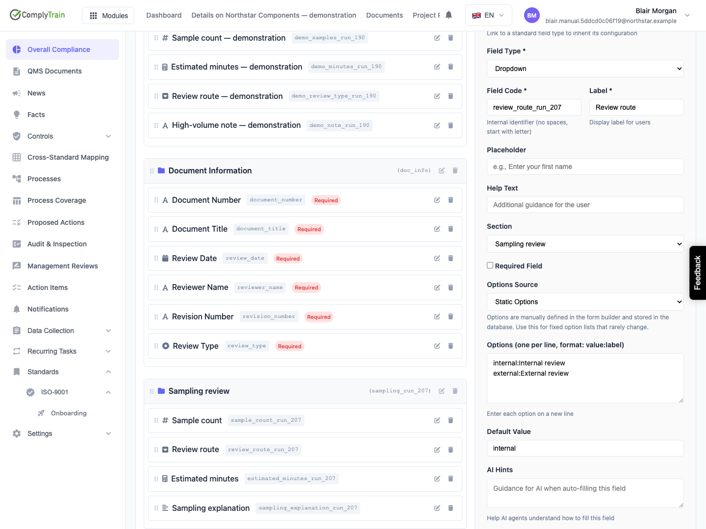 Separate stored values from choice labels The dropdown stores internal or external while displaying Internal review or External review; internal is the default.