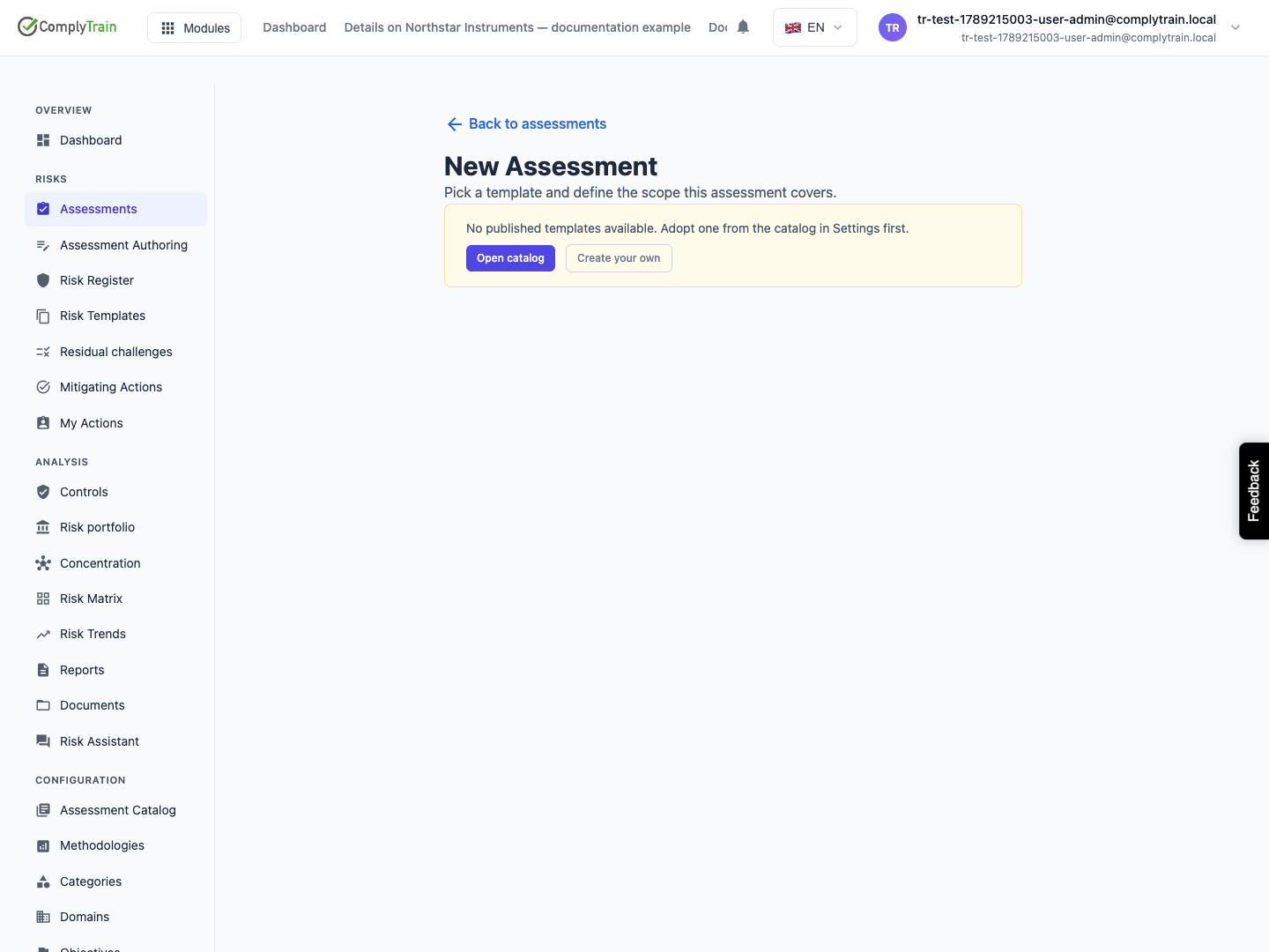 No published assessment template is available in this fixture. Use Open catalog or Create your own before starting an assessment.