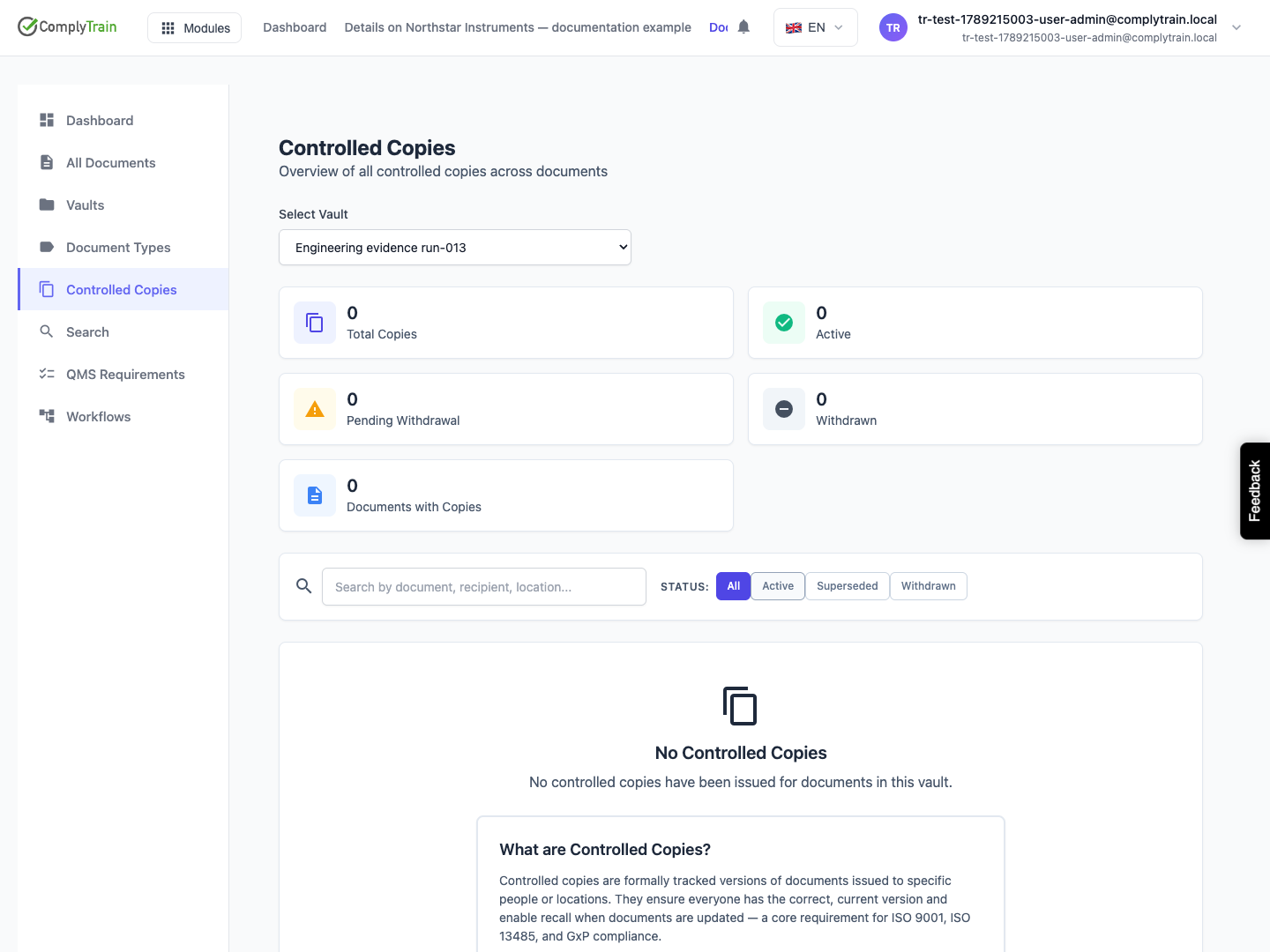 Read the copy register for the selected vault The Engineering evidence vault has no issued copies yet. The page exposes status filters and counts.