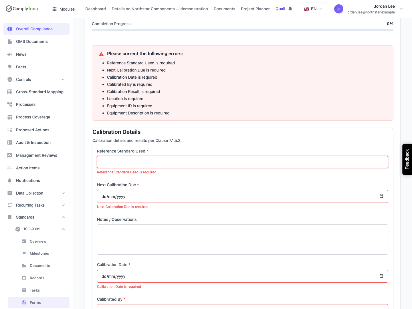 Required questions are listed together An empty submission attempt reveals eight errors and focuses the first required question. No response is submitted.