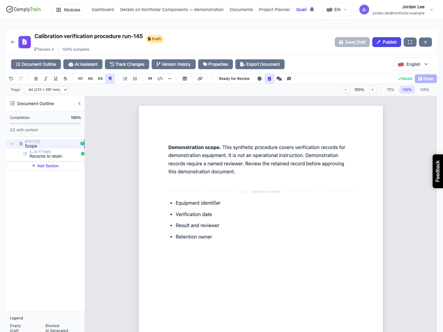 Ready for review while the document is Draft The selected Scope section is ready. The whole-document Draft label and content completion remain separate.
